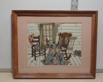 vintage Original Porch Scene Crossstitch Needlepoint art mur en chêne cadre