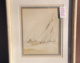 1920 Framed Original Ink of Sailboat by Vivian Bennett. 12.5"x 15.25". Free shipping