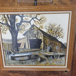 Hermosa Gislee de Barn Escena sobre lienzo de H. Hargrove en espectacular marco de madera Impecable 28.5 "x 24.5". Envío gratis