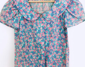 Vintage blouse floral flowers print short sleeve FREE SHIPPING