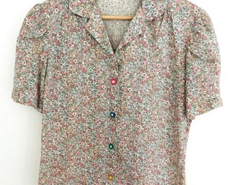 Vintage blouse floral flowers print short sleeve