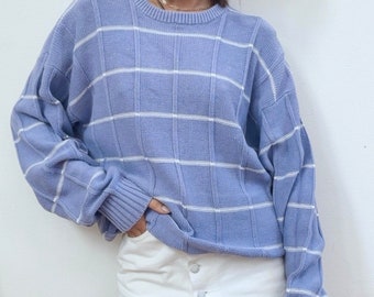 Vintage knit sweater purple free shipping plaid 100% cotton