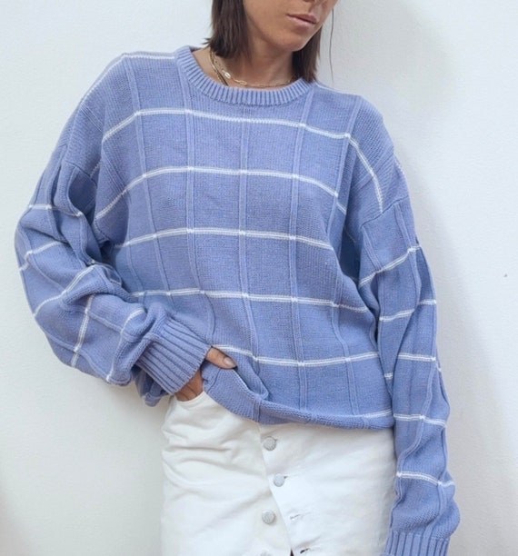 Vintage knit sweater purple free shipping plaid 10