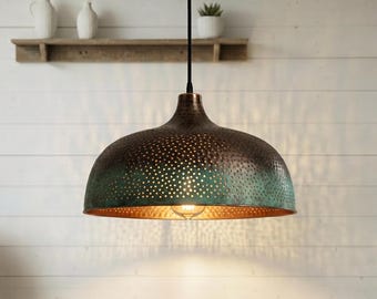 Kopparkupolpendel | Perforerad metalltaklampa | Ärgfärgad patinalampa | Rustik lantlig pendel för inomhusbelysning