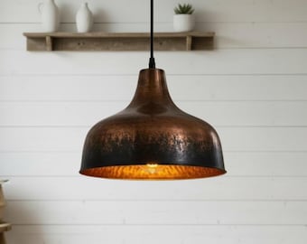 Hammered Copper Pendant Light – Black Patina Dome Lamp, Rustic Farmhouse Lighting