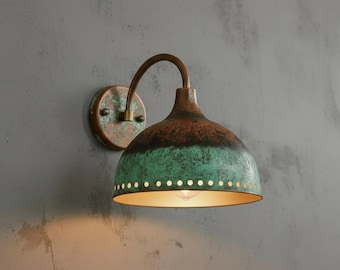 Green Patina Copper Wall Sconce - Vintage Style Handmade Lamp -Boho Chic Lighting