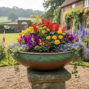 Maceta de cobre hecha a mano - Soporte rústico para plantas de interior - Decoración de jardín de cobre con pátina vintage