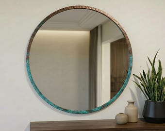 Handgjord väggspegel i koppar – Rund rustik ram | Marockansk badrumsspegel | Boho modern heminredning