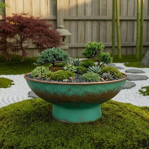 May include: A serene Japanese garden scene featuring a large, turquoise planter filled with miniature trees and succulents. The planter sits on a bed of moss, surrounded by white gravel, stepping stones, and lush greenery. A wooden fence and stone lantern complete the tranquil setting.
