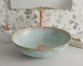 Handmade Hammered Copper Vessel Sink, Round Moroccan Patina Bathroom Basin
