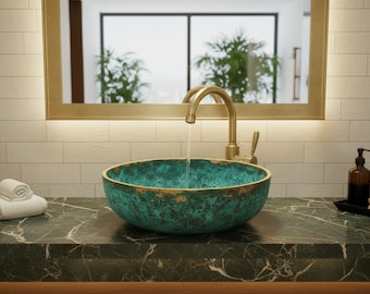 Lavabo de cobre martillado a mano, lavabo redondo con pátina marroquí.
