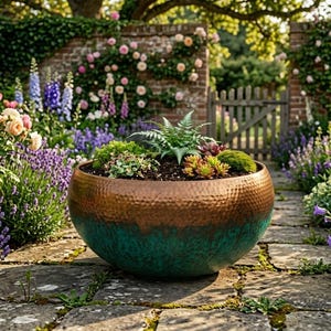 May include: A large, round copper and teal planter filled with greenery sits on a stone path in a garden. The planter is surrounded by blooming lavender, roses, and other colorful flowers. A wooden gate is visible in the background.
