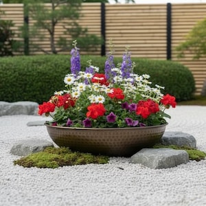 Puede incluir: Un jardinera de metal bronceado con textura martillada, llena de flores coloridas: geranios rojos, margaritas blancas y delfinios morados. La jardinera se encuentra sobre grava blanca, rodeada de rocas y musgo verde, en un jardín.