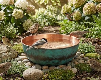 Rustic Copper Bird Bath | Handcrafted Metal Birdbath | Bird Watering Bowl for Garden | Bird Lover Gift