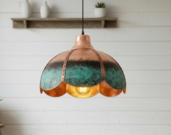 Blommig kopparlampskärm | Boho bondgårdshänge | Handgjord köksbelysning