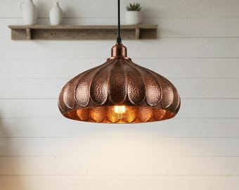 Hand Hammered Copper Dome Pendant Light, Oxidized Farmhouse Kitchen Island Fixture