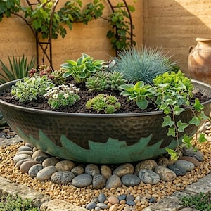 May include: A large, dark green hammered metal planter filled with various succulents and greenery. The planter sits on a bed of small, rounded stones and is surrounded by a stone pathway. The background features a tan wall and other plants.