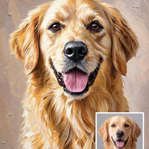Op de afbeelding: Een portret in olieverfstijl van een golden retriever met lange, gestructureerde gouden vacht, donkerbruine ogen en een zwarte neus, afgebeeld met de bek open en de tong zichtbaar. Een kleinere, realistische referentiefoto is onderaan ingevoegd.