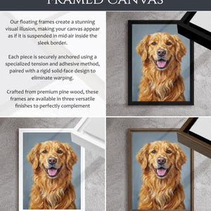 Op de afbeelding: Een ingelijste canvasprint met een portret van een golden retriever. De tekst luidt FRAMED CANVAS, Our floating frames create a stunning visual illusion, making your canvas appear as if it is suspended in mid-air inside the sleek border.