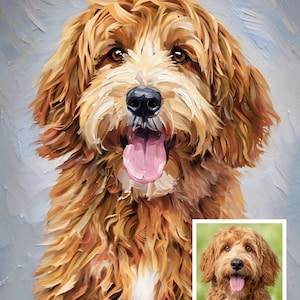 May include: An oil painting style portrait of a golden-brown dog with shaggy fur, dark eyes, and an open mouth with a pink tongue visible. A smaller, original photographic reference image of the same dog is inset in the bottom right corner.