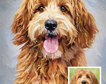 May include: An oil painting style portrait of a golden-brown dog with shaggy fur, dark eyes, and an open mouth with a pink tongue visible. A smaller, original photographic reference image of the same dog is inset in the bottom right corner.