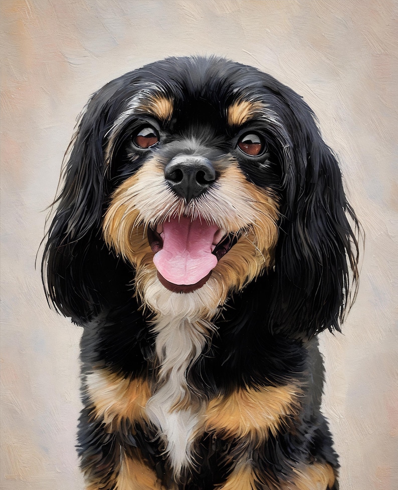 May include: A digital portrait of a dog with black, tan, and white fur. The dog has long, floppy ears, dark brown eyes, and an open mouth with a visible pink tongue. The fur around the muzzle is a mix of white and tan, with tan markings above the eyes.