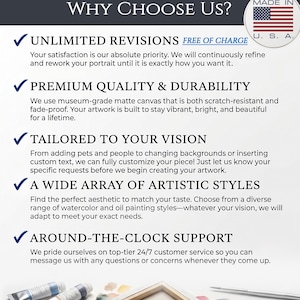 K&ouml;nnte beinhalten: Eine Informationsgrafik mit dem Titel WHY CHOOSE US? und einem Made in U.S.A.-Abzeichen mit amerikanischer Flagge. Sie listet f&uuml;nf Servicepunkte auf: Unlimited Revisions, Premium Quality & Durability, Tailored to Your Vision, A Wide Array of Artistic Styles und Around-the-Clock Support, mit Farbtuben und einem Pinsel am unteren Rand.