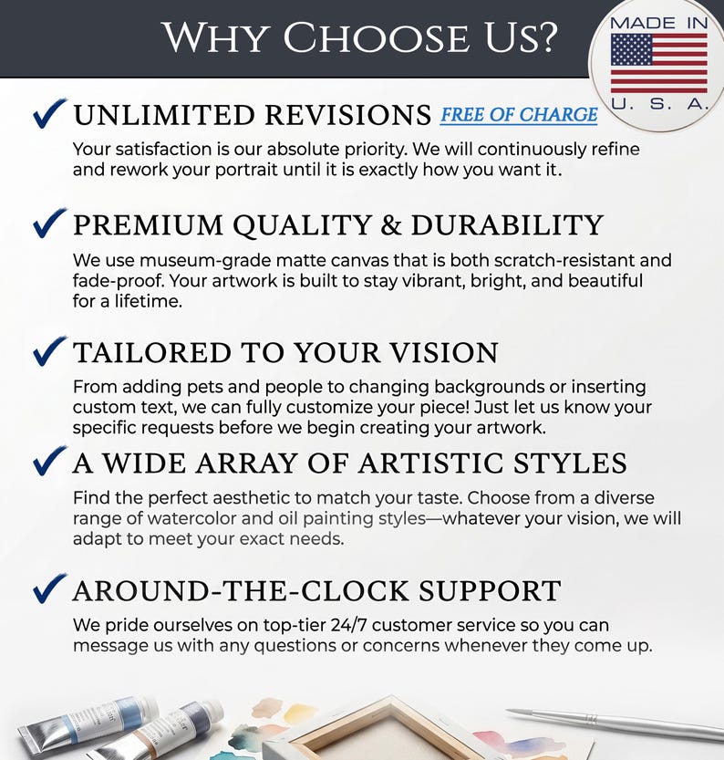 K&ouml;nnte beinhalten: Eine Informationsgrafik mit dem Titel WHY CHOOSE US? und einem Made in U.S.A.-Abzeichen mit amerikanischer Flagge. Sie listet f&uuml;nf Servicepunkte auf: Unlimited Revisions, Premium Quality & Durability, Tailored to Your Vision, A Wide Array of Artistic Styles und Around-the-Clock Support, mit Farbtuben und einem Pinsel am unteren Rand.