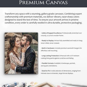 K&ouml;nnte beinhalten: Ein Premium-Leinwanddruck mit einem romantischen Gem&auml;lde eines sich umarmenden Paares. Der Text lautet Premium Canvas, Gallery-Wrapped Excellence, Ready to Display, Built-In Hardware, Long-Lasting Protection, Flexible Formats und Sized to Fit.