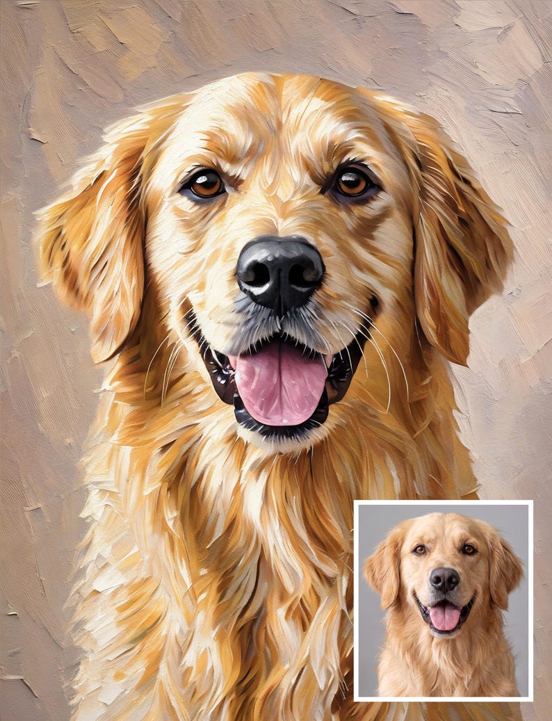Op de afbeelding: Een portret in olieverfstijl van een golden retriever met lange, gestructureerde gouden vacht, donkerbruine ogen en een zwarte neus, afgebeeld met de bek open en de tong zichtbaar. Een kleinere, realistische referentiefoto is onderaan ingevoegd.