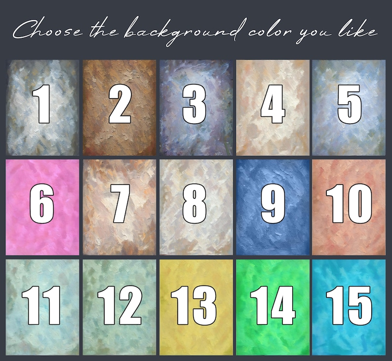 Op de afbeelding: Een raster van vijftien rechthoekige achtergrondkleurstalen met getextureerde verfeffecten, genummerd van &eacute;&eacute;n tot vijftien in het wit. De tekst bovenaan luidt: Choose the background color you like. Elke staal heeft een unieke kleur.