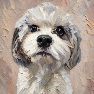 May include: An oil painting of a small dog with fluffy white and light brown fur. The dog has large, dark, expressive eyes and a black nose. The brushstrokes are thick and visible, creating a textured appearance against a neutral background.