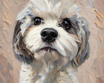 May include: An oil painting of a small dog with fluffy white and light brown fur. The dog has large, dark, expressive eyes and a black nose. The brushstrokes are thick and visible, creating a textured appearance against a neutral background.
