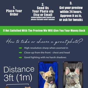 Op de afbeelding: Een infographic getiteld How it Works? met drie stappen: 1. Place Your Order, 2. Send Us Your Photo via Etsy or Email, 3. Get your preview within 24 hours. Bevat fototips, een afstand van 1m (3ft) en voorbeelden van hondenfoto's.