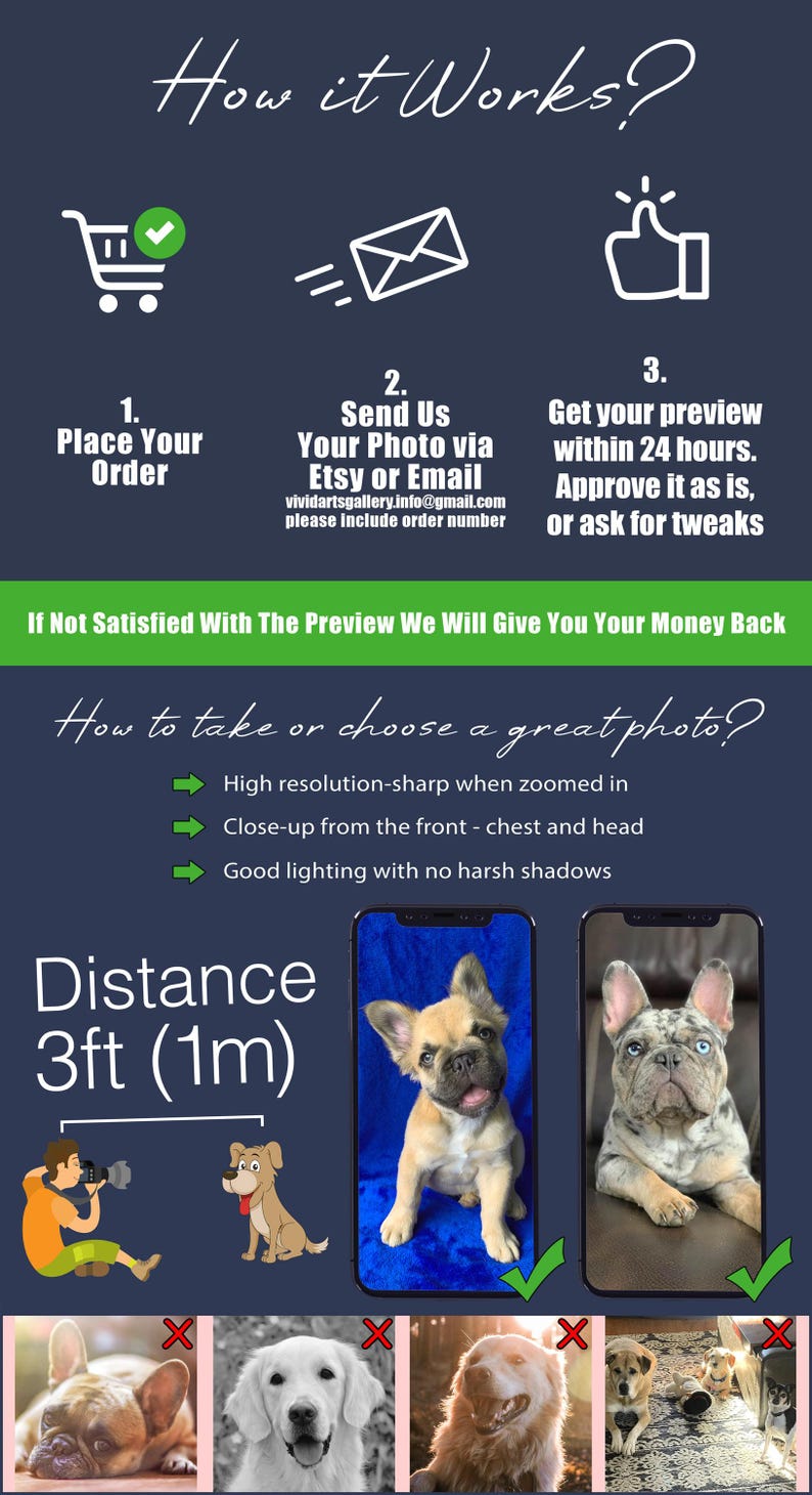 Op de afbeelding: Een infographic getiteld How it Works? met drie stappen: 1. Place Your Order, 2. Send Us Your Photo via Etsy or Email, 3. Get your preview within 24 hours. Bevat fototips, een afstand van 1m (3ft) en voorbeelden van hondenfoto's.