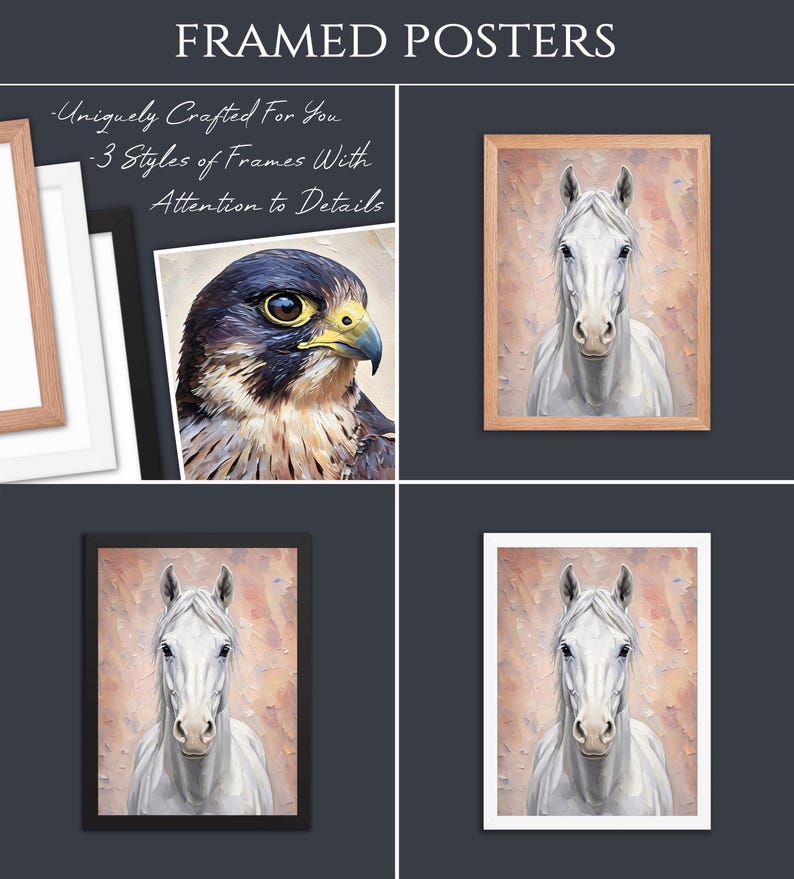 Op de afbeelding: Ingelijste posters met een portret van een valk en een wit paard. De tekst luidt FRAMED POSTERS, Uniquely Crafted For You, 3 Styles of Frames With Attention to Details. Drie kleuren lijsten zijn zichtbaar: licht hout, wit en zwart.