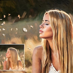 K&ouml;nnte beinhalten: Ein digitales &Ouml;lgem&auml;lde-Portr&auml;t einer Person mit langem blonden Haar im Profil, die auf eine Pusteblume bl&auml;st. Die Szene zeigt einen warmen, goldfarbenen Hintergrund mit verstreuten wei&szlig;en Bl&uuml;tenbl&auml;ttern, die in der Luft schweben, dargestellt mit Pinselstrichen.