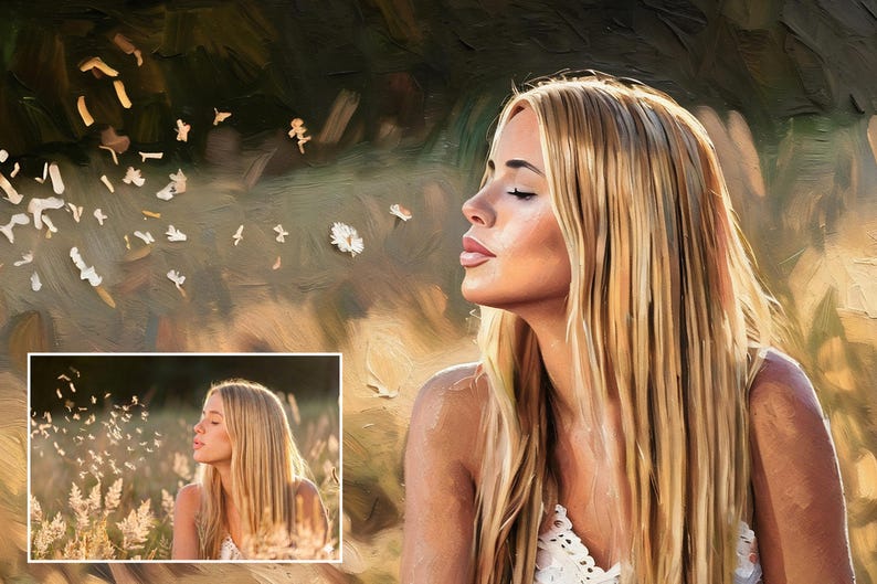K&ouml;nnte beinhalten: Ein digitales &Ouml;lgem&auml;lde-Portr&auml;t einer Person mit langem blonden Haar im Profil, die auf eine Pusteblume bl&auml;st. Die Szene zeigt einen warmen, goldfarbenen Hintergrund mit verstreuten wei&szlig;en Bl&uuml;tenbl&auml;ttern, die in der Luft schweben, dargestellt mit Pinselstrichen.