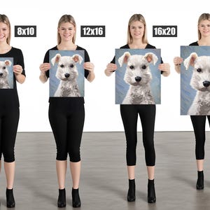 Op de afbeelding: Een serie van vier rechthoekige kunstdrukken met een witte hond met donkere ogen en een getextureerde vacht tegen een lichtblauwe achtergrond. De prints zijn gelabeld met de afmetingen 8x10, 12x16, 16x20 en 18x24, wat de beschikbare maten aangeeft.