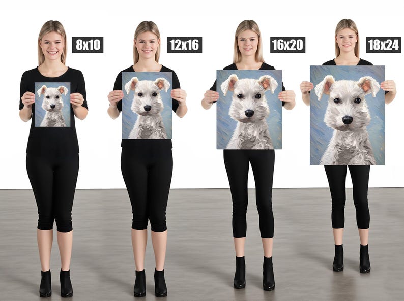 Op de afbeelding: Een serie van vier rechthoekige kunstdrukken met een witte hond met donkere ogen en een getextureerde vacht tegen een lichtblauwe achtergrond. De prints zijn gelabeld met de afmetingen 8x10, 12x16, 16x20 en 18x24, wat de beschikbare maten aangeeft.