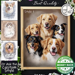 May include: A framed digital art print featuring a group portrait of five dogs with varied fur colors including golden, black, and white. The image includes smaller sample portraits labeled Style 1, 2, 3, and 4, with names Charlie, Wesley, and Bella written below.