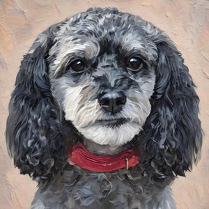 Op de afbeelding: Een olieverfschilderij van een hond met krullende zwarte en grijze vacht, grote donkere ogen en een zwarte neus. De hond draagt een effen rode halsband om de nek. De achtergrond bestaat uit gestructureerde penseelstreken in neutrale beige tinten.
