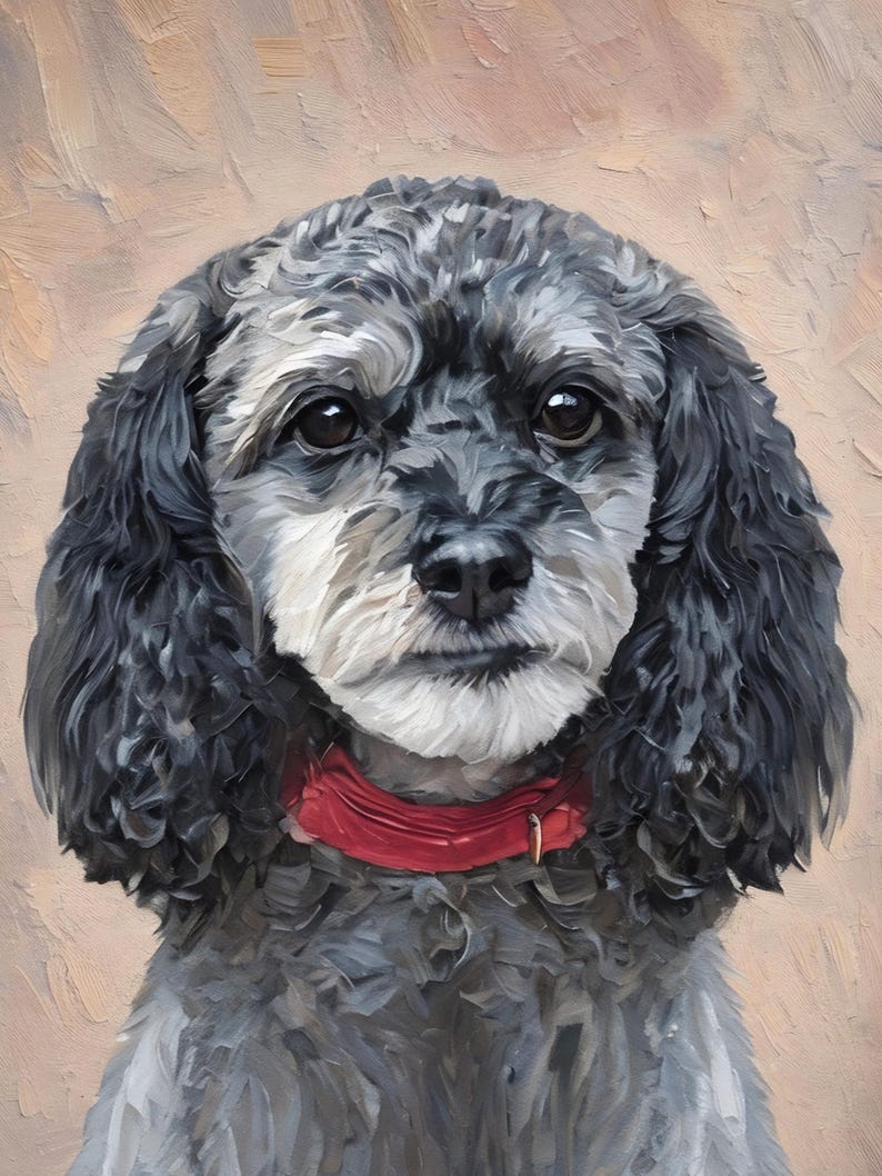 Op de afbeelding: Een olieverfschilderij van een hond met krullende zwarte en grijze vacht, grote donkere ogen en een zwarte neus. De hond draagt een effen rode halsband om de nek. De achtergrond bestaat uit gestructureerde penseelstreken in neutrale beige tinten.
