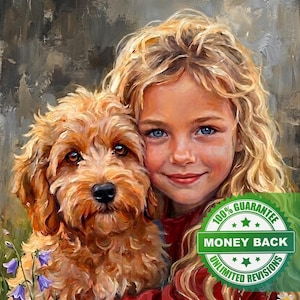 May include: An oil painting style portrait of a young person with long wavy blonde hair and blue eyes holding a fluffy golden-brown dog. The image features a green circular badge with the text 100% GUARANTEE MONEY BACK UNLIMITED REVISIONS.