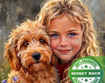 May include: An oil painting style portrait of a young person with long wavy blonde hair and blue eyes holding a fluffy golden-brown dog. The image features a green circular badge with the text 100% GUARANTEE MONEY BACK UNLIMITED REVISIONS.