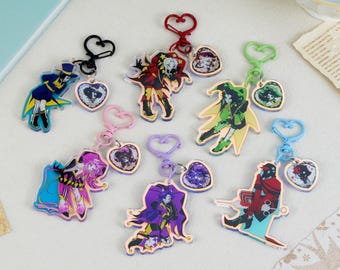 The Freak Circus Hologram Double Chain Keychain Full Set | Chibi Circus Character Acrylic Charm | Heart Clasp Key Ring | Anime Fan Gift