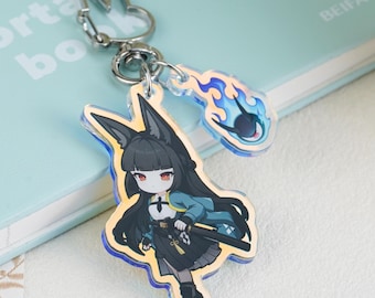 Zenless Zone Zero Hoshimi Miyabi Keychain, Double Chain Holographic Acrylic Charm with Demon Eye Pendant, ZZZ Anime Game Keyring Gift