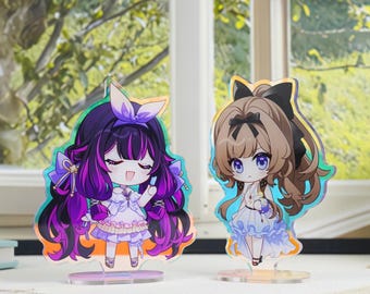 Columbina Sandrone Chibi Holographic Acrylic Stand Set, Genshin Impact Fatui Harbingers Cute Laser Acrylic Figure Desk Display Ornament