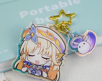 Genshin Impact Nicole Reeyn Double Chain Keychain, Holographic Nicole Reeyn & Dodoco Acrylic Key Chain, Gold Star Clasp Anime Keyring