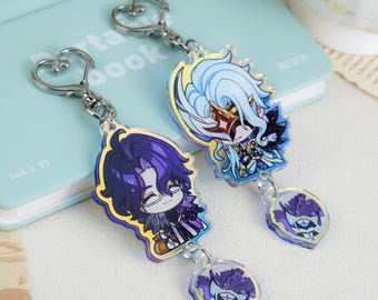 Genshin Impact Pantalone Dottore Chibi Keychain Set | Holographic Acrylic Double Charm Key Chain | Fatui Harbinger Game Anime Merch